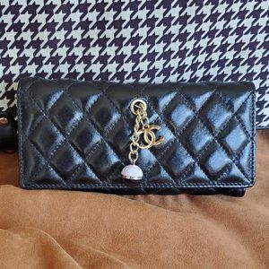 CHANEL Black Quilted Long Trifold Wallet